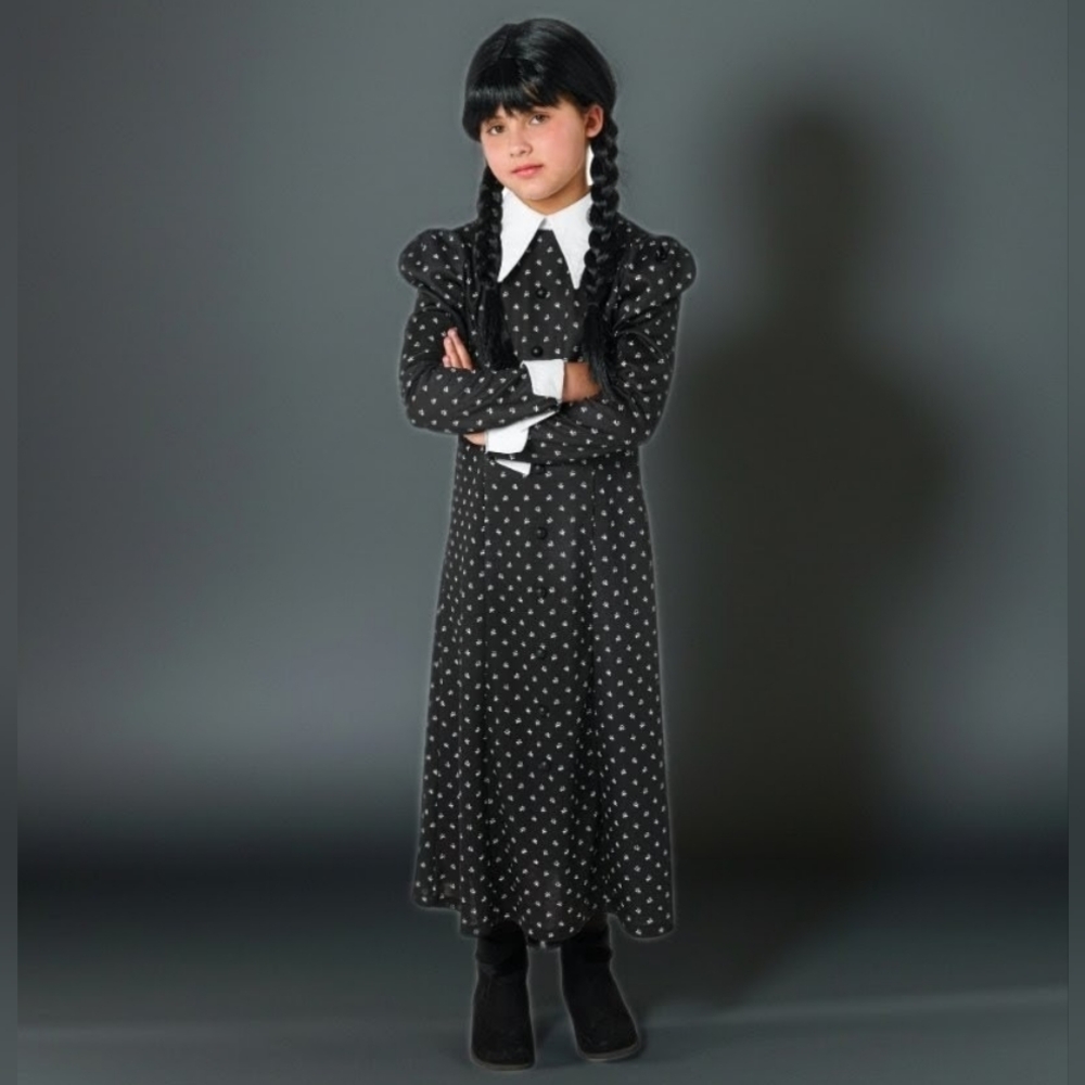 Wednesday Adams Black Polka Dot Long Sleeve Girl Dress Custom Playdate Halloween